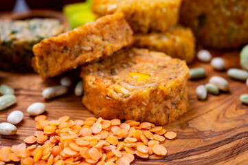 Small tasty vegan and vegetarian burgers made from fresh vegetables and dried legumes and beans