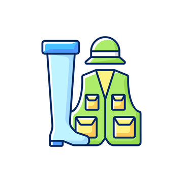 fishing gear: green vest, blue boots, hat clip art preview