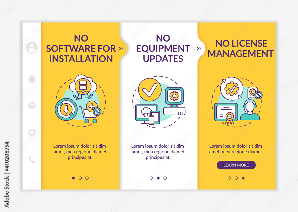 Wall mural software as service advantages onboarding vector template. no equipment updates. no license managing