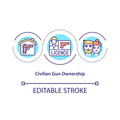 Naklejka premium Civilian gun ownership concept icon. Legal possession of weapons idea thin line illustration. Full protection of a young family. Vector isolated outline RGB color drawing. Editable stroke