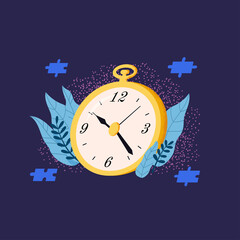 Time Management Flat Concept. Golden clock vector illustration.
