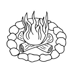 Bonfire in doodle style. Camp Fire icon Hand drawn vector illustration isolated on white background.
