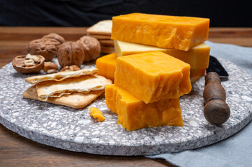 Cheese collection, orange and yellow smoked British cheese from England
