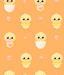 Fototapeta premium Spring animal seamless pattern with cute chicks, happy easter concept, flower elements for textile or wrapping paper on orange background in cartoon style