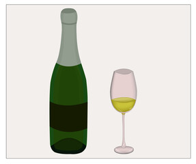A closed champagne bottle with a wineglass.