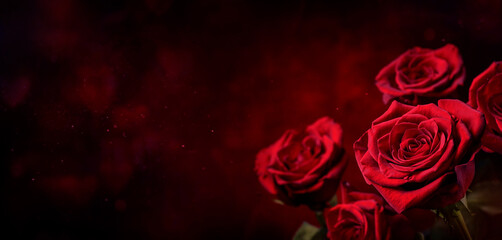 Obraz na płótnie Canvas Dark red roses background. Luminous hearth shaped bokeh in the background. Valentine day or wedding concept. Symbol of the love. Copy space or empty space for text and design