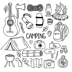 Set of camping and hiking elements in doodle style. Picnic, travel accessories and equipment. Hand drawn vector illustration isolated on white background.