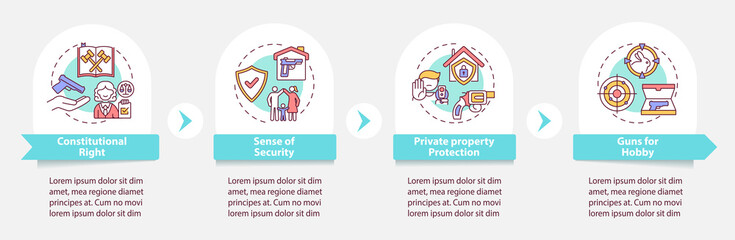 Gun regulation vector infographic template. Constitutional rights presentation design elements. Data visualization with 4 steps. Process timeline chart. Workflow layout with linear icons