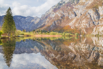 Fototapeta na wymiar A calm reflection with mountain backdrop on an autumn day at Lake Bohinj in Triglav National Park in the Julian Alps in Slovenia.