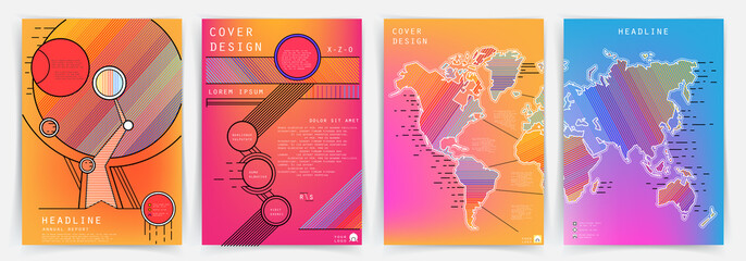 Covers templates set with graphic geometric elements. Applicable for brochures, posters, covers and banners. Vector illustrations.
