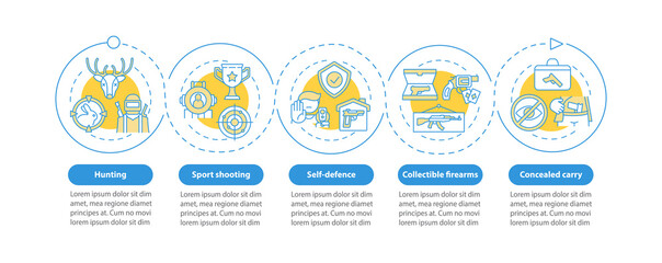 Fototapeta premium Sport shooting vector infographic template. Gun for self defense presentation design elements. Data visualization with 5 steps. Process timeline chart. Workflow layout with linear icons
