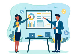 Male and female characters in office unifrom are studying infographics on screen. Pointing at screen with diagrams. Concept of tax calculating and financial analysis. Flat cartoon vector illustration