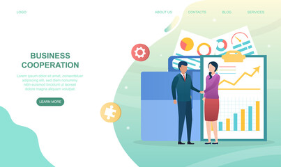 Male and female characters are shaking hands at work. Office workers making agreement. Concept of business cooperation deal. Website, web page, landing page template. Flat cartoon vector illustration