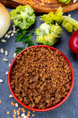 Vegetarian plant based imitation minced meat ready to eat