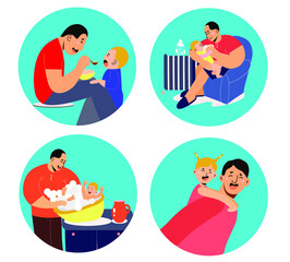 four scenes, a set of dad on maternity leave, a man with a child, bathing, feeding, walking