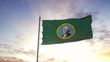 State flag of Washington waving in the wind. Dramatic sky background. 3d illustration