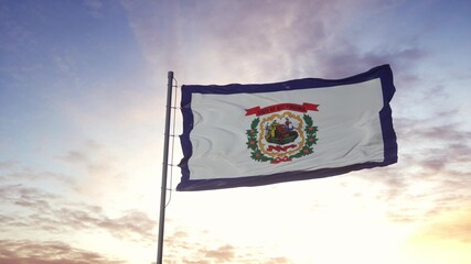 State flag of West Virginia waving in the wind. Dramatic sky background. 3d illustration