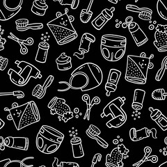 Vector seamless pattern on the theme hygiene, goods for children, childhood, baby, health. Cartoon, hand drawn doodles background on black color