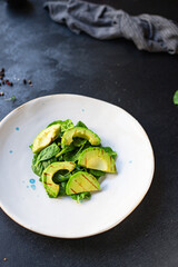 avocado salad vegetable fried grilled lettuce spinach arugula snack barbecue ready to eat on the table healthy meal top view copy space text food background rustic image 