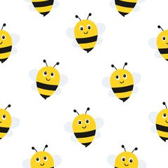 Seamless pattern with flying bees. Vector cartoon black and yellow bees isolated on white background.