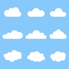 Cloud set icon. White clouds element. Weather symbol. Vector isolated on blue