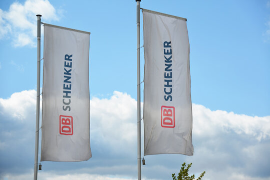 Hannover, Lower Saxony, Germany - May 5, 2019: Flags with the Schenker company logo in Hannover, Germany