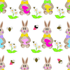 Easter spring design.Vector seamless pattern with bunnies holding bright eggs in a blooming meadow, bees and hearts for Easter.