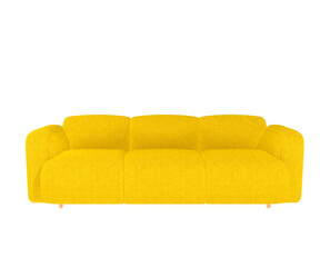 Modern soft yellow fabric sofa with wooden legs isolated on white background. Fashionable comfortable single piece of furniture. Stylish office fabric sofa. Luxury couch. Interior object