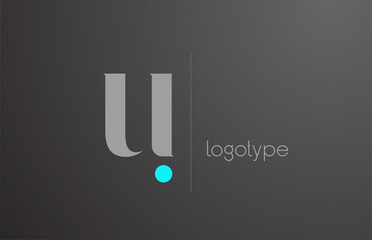 U grey letter alphabet logo for business. Unique corporate identity and lettering. Company icon branding design with blue dot and line