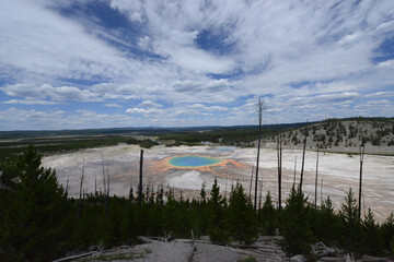 View of the Grand Prismatic Spring at Yellowstone National Park from a high viewpoint on a cloudy day