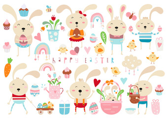 Happy Easter clipart - paashaas, kuiken, eieren, cupcakes voor lentestemming. Paaszondag elementen geïsoleerd op een witte achtergrond. Vector illustratie.