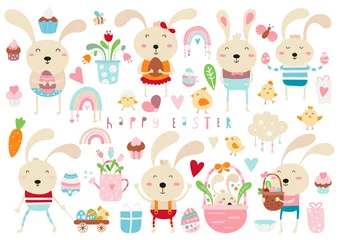 Zelfklevend Fotobehang Speelgoed Happy Easter clipart - paashaas, kuiken, eieren, cupcakes voor lentestemming. Paaszondag elementen geïsoleerd op een witte achtergrond. Vector illustratie.