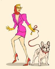 Beautiful woman in pink skirt and jacket, red shoes, yellow gloves with dog, little bulldog. Fashion model and style. Creative illustration isolated on background