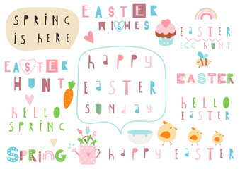 Set of lettering -  Easter quotes, phrases and words. Graphic design for packaging, posters, greeting cards, DIY. Vector illustration. Happy Easter.