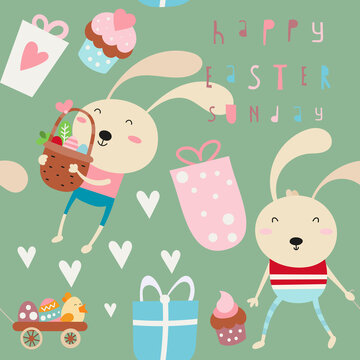 Seamless pattern for Easter design of wrapping paper – easter bunny with presents. Vector illustration for packaging. Pattern is cut, no clipping mask.