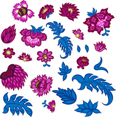 red pink flower and blue leaf vector floral elements, isolated botanical clip art