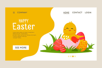 Happy Easter vector website template, web page and landing page design for website and mobile website development. Newborn chicken with Easter eggs on the grass.