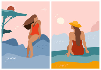 Minimalist female silhouettes on retro summer background.Mid century style posters.Abstract landscape with mountains and sun.Coastline.Women are sunbathing.Contemporary illustration.Paper cut elements