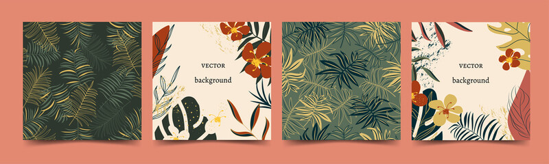 Vector set with tropical leaves, flowers and seamless patterns. Modern template for paper, fabric, interior decor, social networks. Flat illustration. Place for text