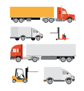 Vector illustration in a flat style icons cargo transportation goods by road trucks, loading and unloading of goods lift trucks, varieties forklifts
