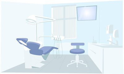 Illustration of the interior of a dental office. Empty dental office with a chair, general view. Doctor's office. Medicine and equipment. Vector flat illustration