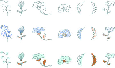 Obraz premium Set of outline botanical doodles. The abstract graphic elements of continuous line drawing transparent and with watercolor