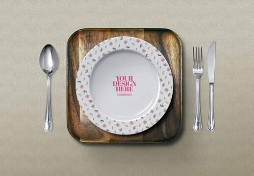 Dinner Plate Mockup with Wooden Tray, Knife, Spoon, Fork