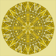 Circle pattern in a tile of triangles, fantasy figures in yellow and dark green tones