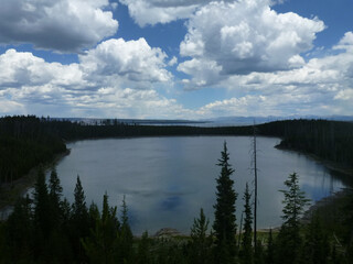 View of a small lake surrounded by trees at Yellowstone National Park, on a. cloudy day