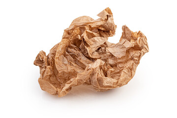 crumpled wad of kraft paper isolated