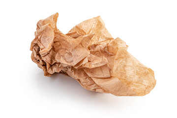 crumpled wad of kraft paper isolated