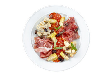Dish with sliced ham, cheese, olives, pickled onions. On white background.