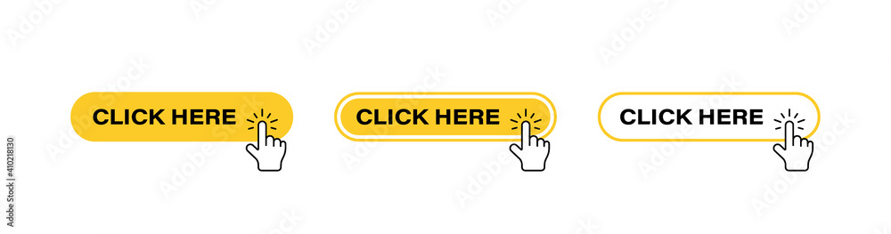 Poster click here button set with hand pointer clicking. vector illustration
