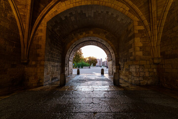 Access tunnel to the city of Burgos through the main wall. Night photo. Spain